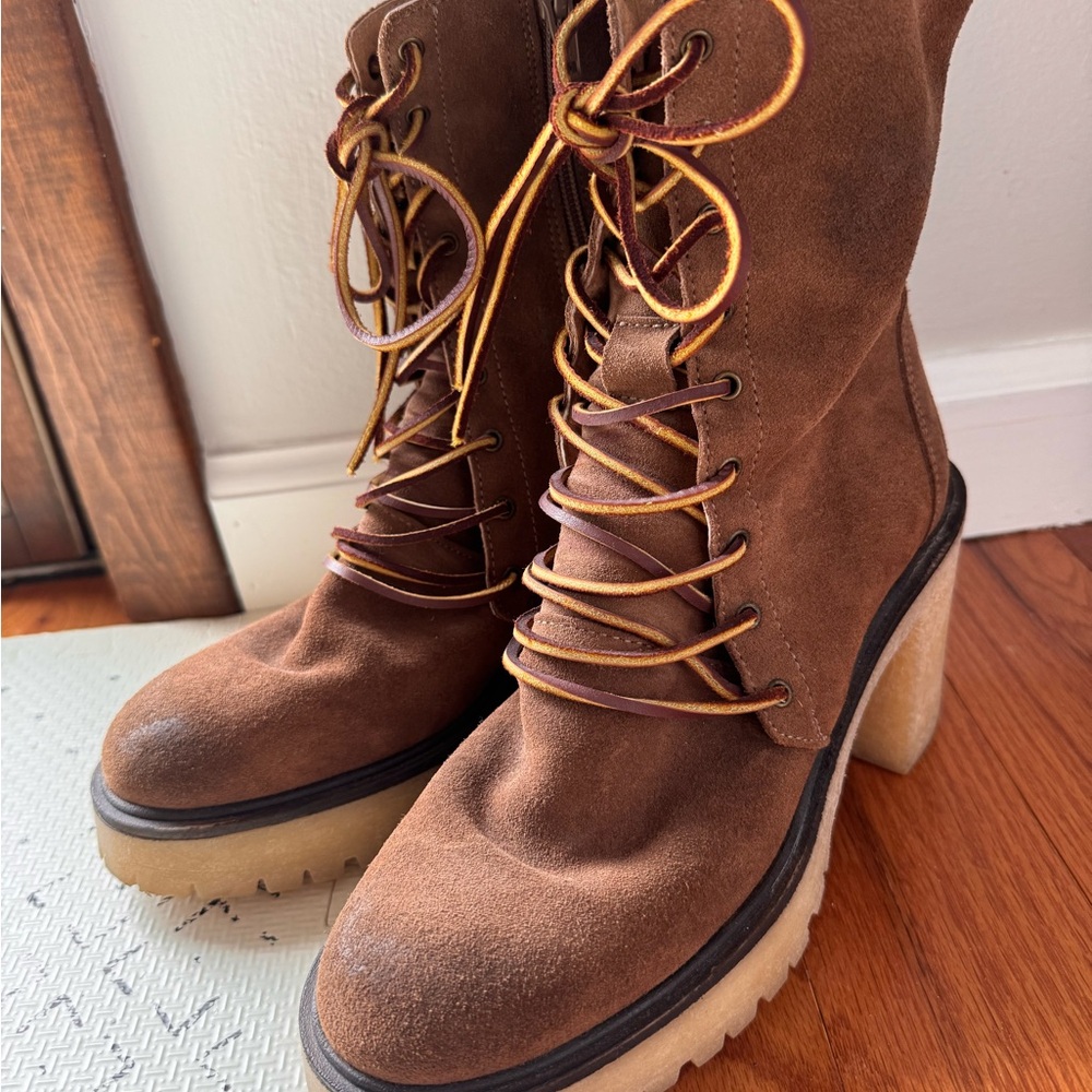 Free People Brown Suede Lace-Up Block Heel Boots - 38